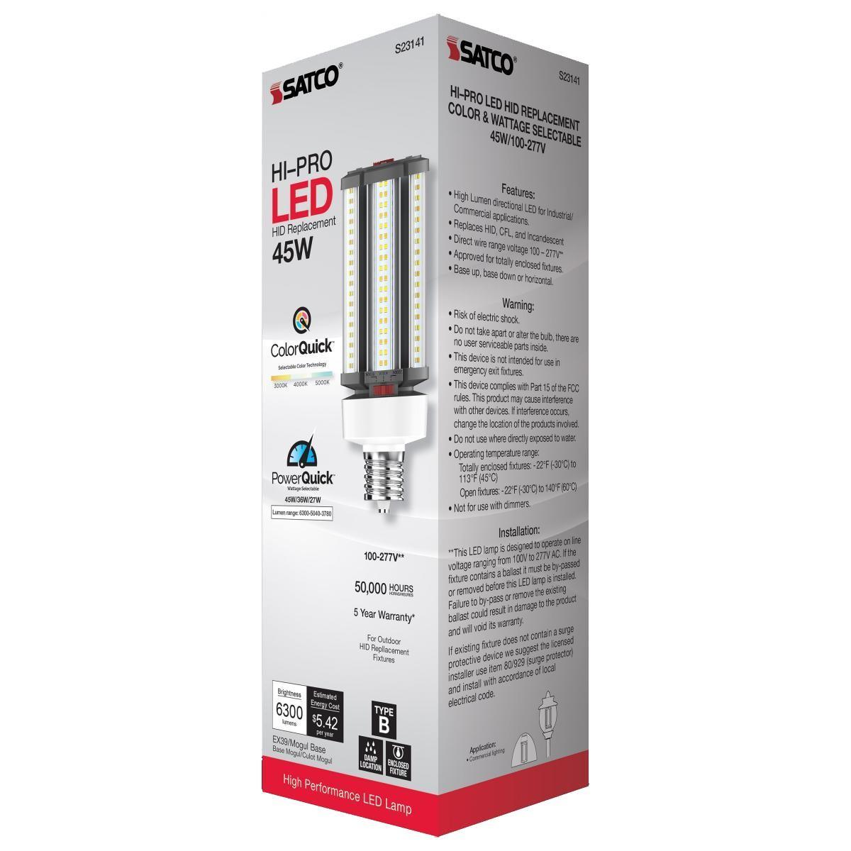 Hi-Pro Retrofit LED Corn Bulb, 45W, 6300 Lumens, Selectable CCT, 30K/40K/50K, EX39 Mogul Extended Base, 120-277V