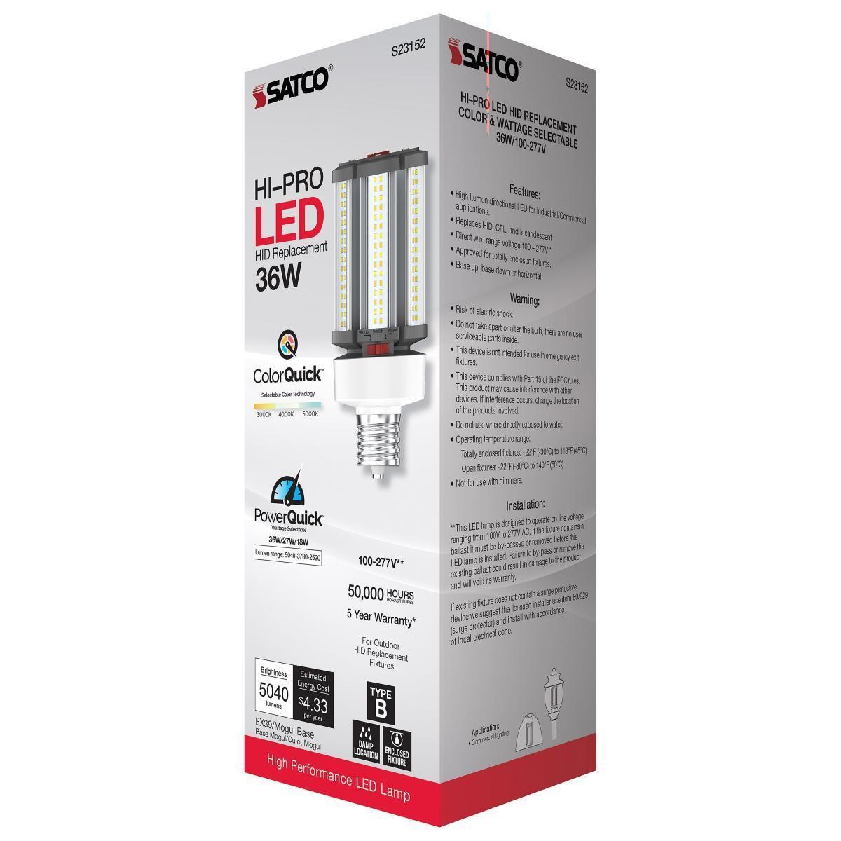 Hi-Pro Retrofit LED Corn Bulb, 36W, 5040 Lumens, Selectable CCT, 30K/40K/50K, EX39 Mogul Extended Base, 120-277V