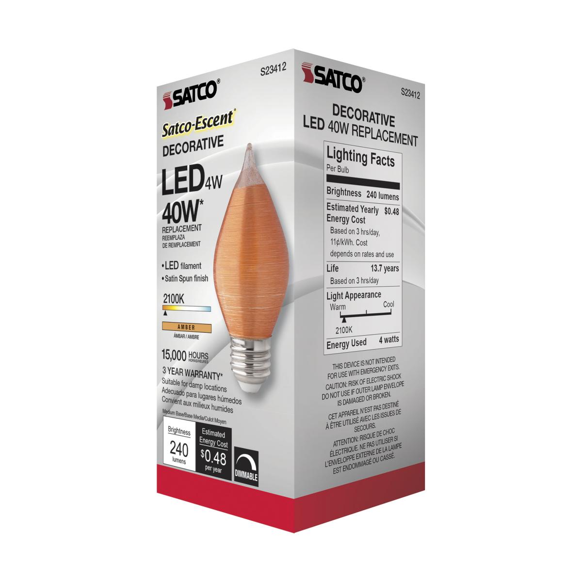 C15 Filament LED Bulb, 4W, 240 Lumens, 40W Equal, 2100K, E26 Base, Satin Spun Amber Finish - Bees Lighting