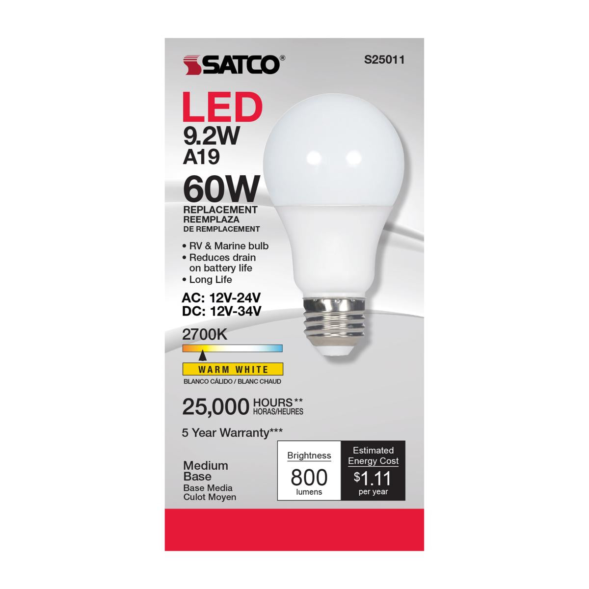 Enclosed Rated A19 LED Bulb, 9 Watts, 800 Lumens, 2700K, E26 Medium Base, Frosted Finish, 12V - Bees Lighting