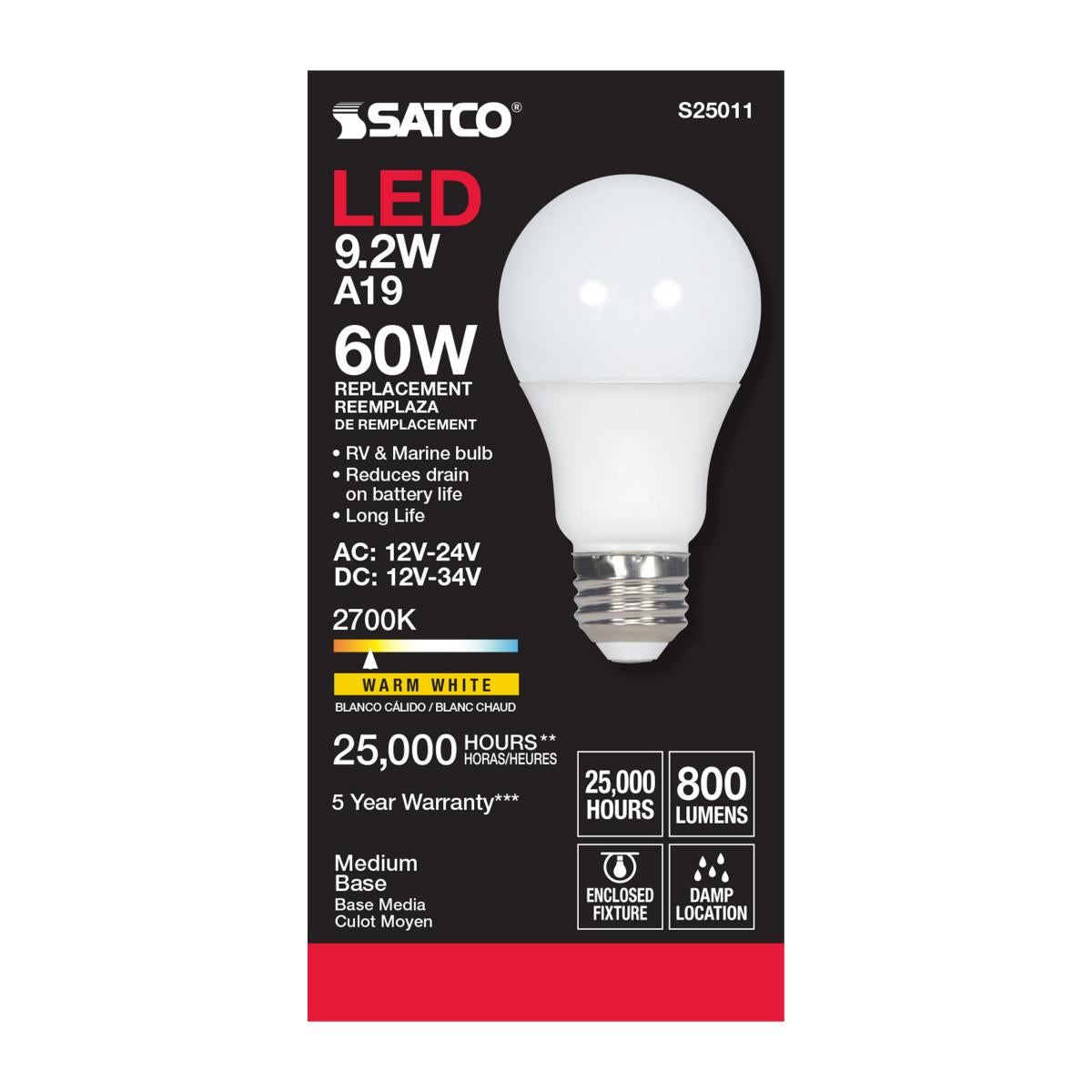Enclosed Rated A19 LED Bulb, 9 Watts, 800 Lumens, 2700K, E26 Medium Base, Frosted Finish, 12V - Bees Lighting