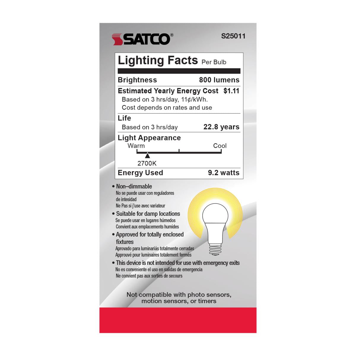 Enclosed Rated A19 LED Bulb, 9 Watts, 800 Lumens, 2700K, E26 Medium Base, Frosted Finish, 12V - Bees Lighting