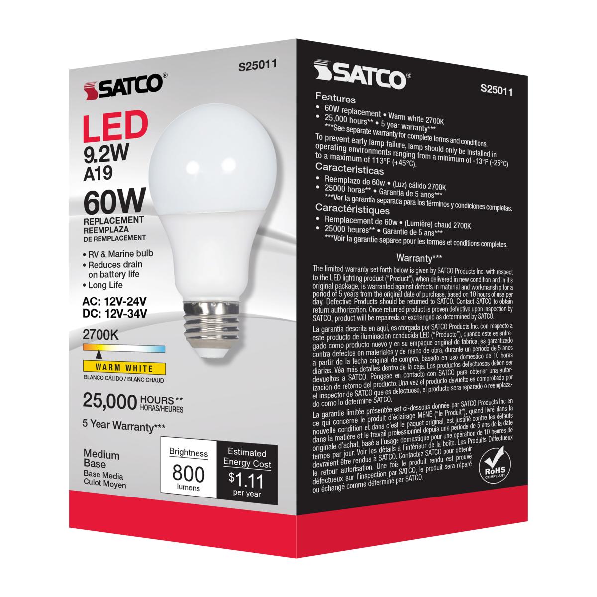 Enclosed Rated A19 LED Bulb, 9 Watts, 800 Lumens, 2700K, E26 Medium Base, Frosted Finish, 12V - Bees Lighting