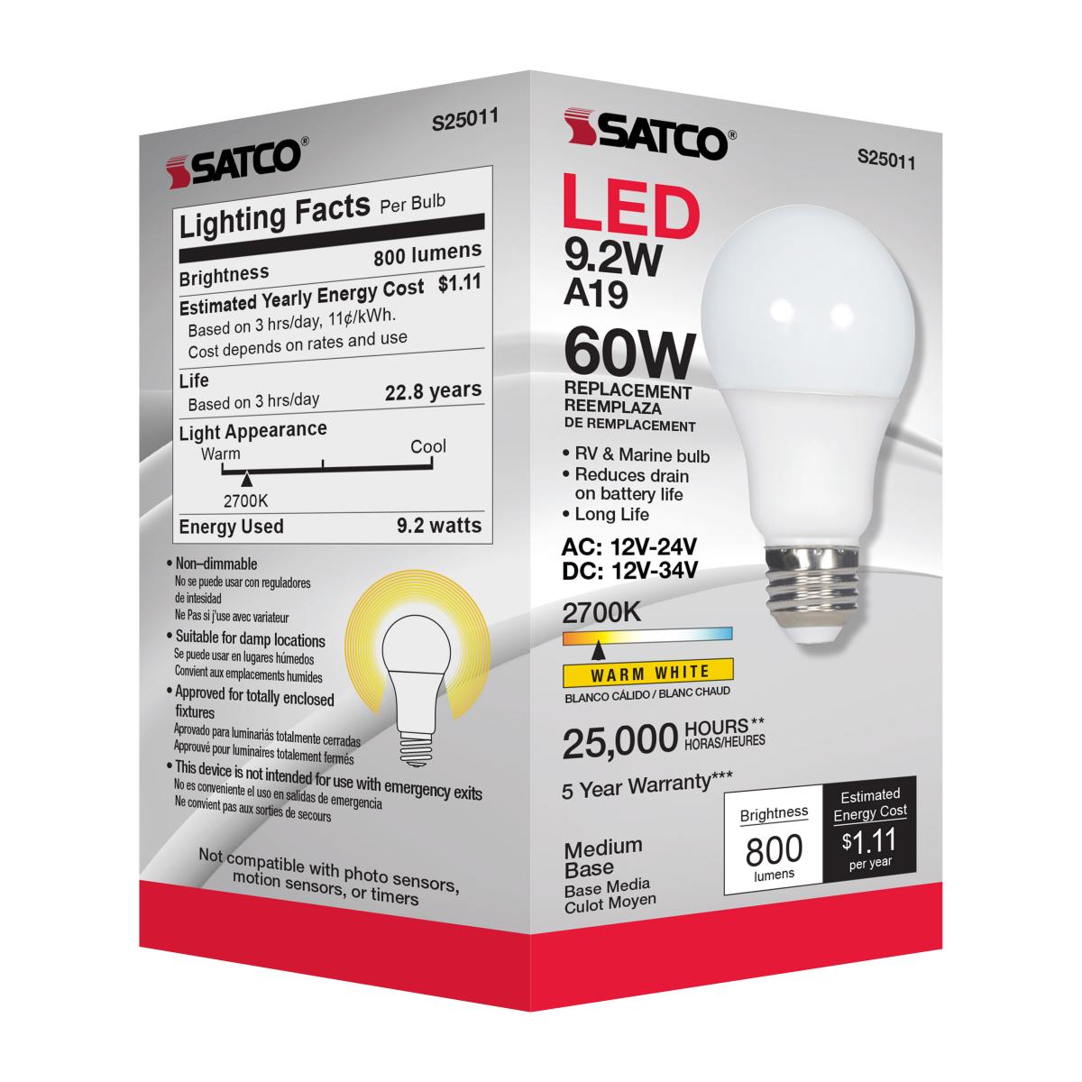 Enclosed Rated A19 LED Bulb, 9 Watts, 800 Lumens, 2700K, E26 Medium Base, Frosted Finish, 12V - Bees Lighting