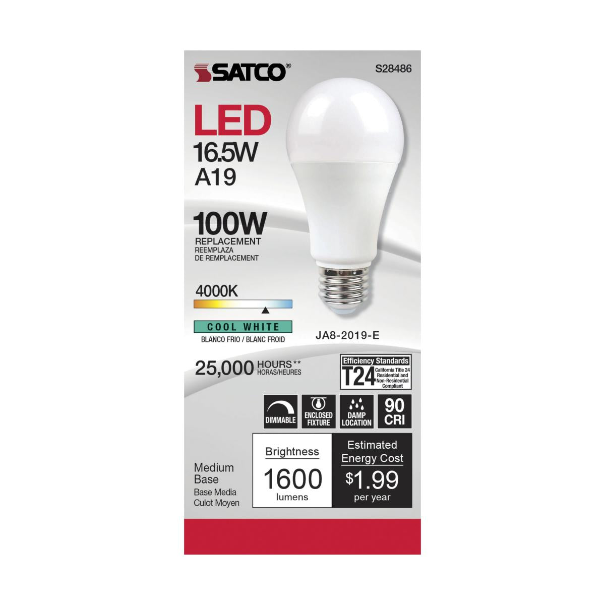A19 LED Bulb, 100W Equivalent, 17 Watts, 1600 Lumens, 4000K, E26 Medium Base, Frosted Finish - Bees Lighting