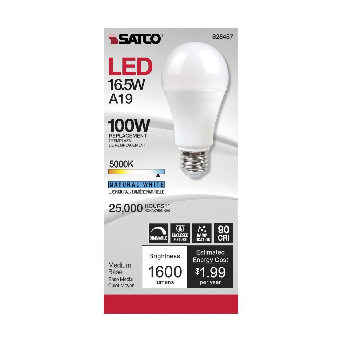 A19 LED Bulb, 100W Equivalent, 17 Watt, 1600 Lumens, 5000K, E26 Medium Base, Frosted Finish
