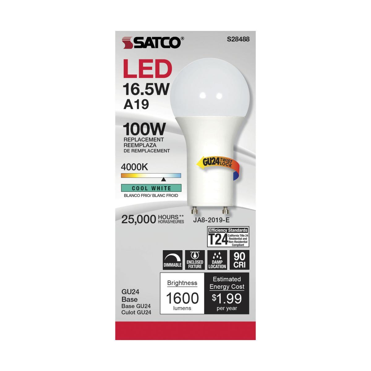 A19 LED Bulb, 100W Equivalent, 17 Watt, 1600 Lumens, 4000K, GU24 Base, Frosted Finish - Bees Lighting