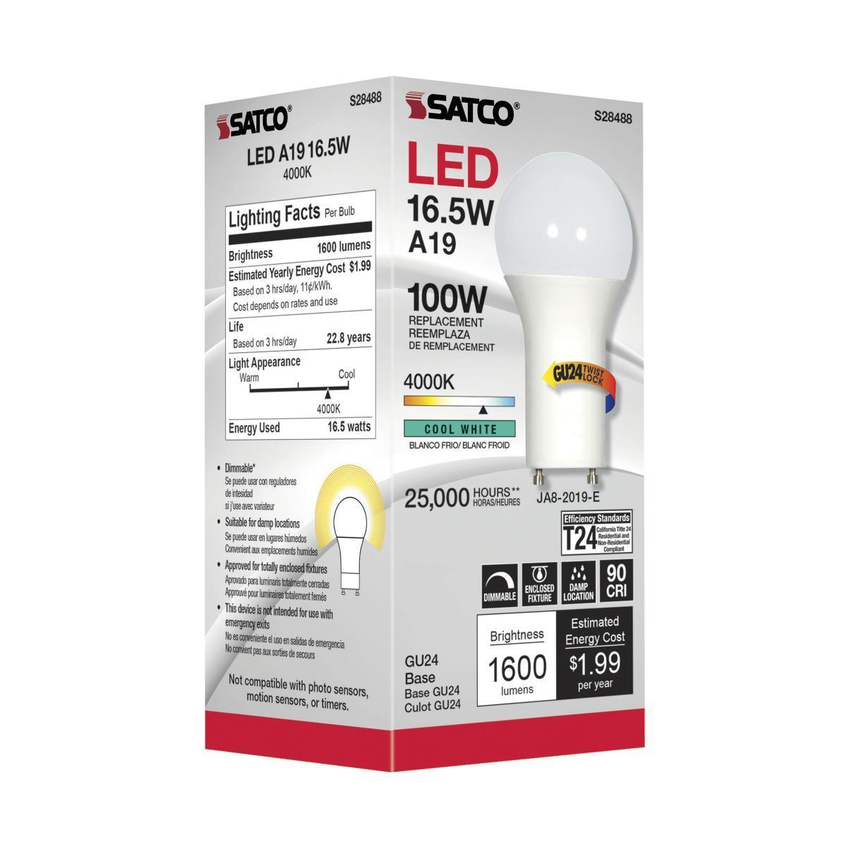 A19 LED Bulb, 100W Equivalent, 17 Watt, 1600 Lumens, 4000K, GU24 Base, Frosted Finish - Bees Lighting