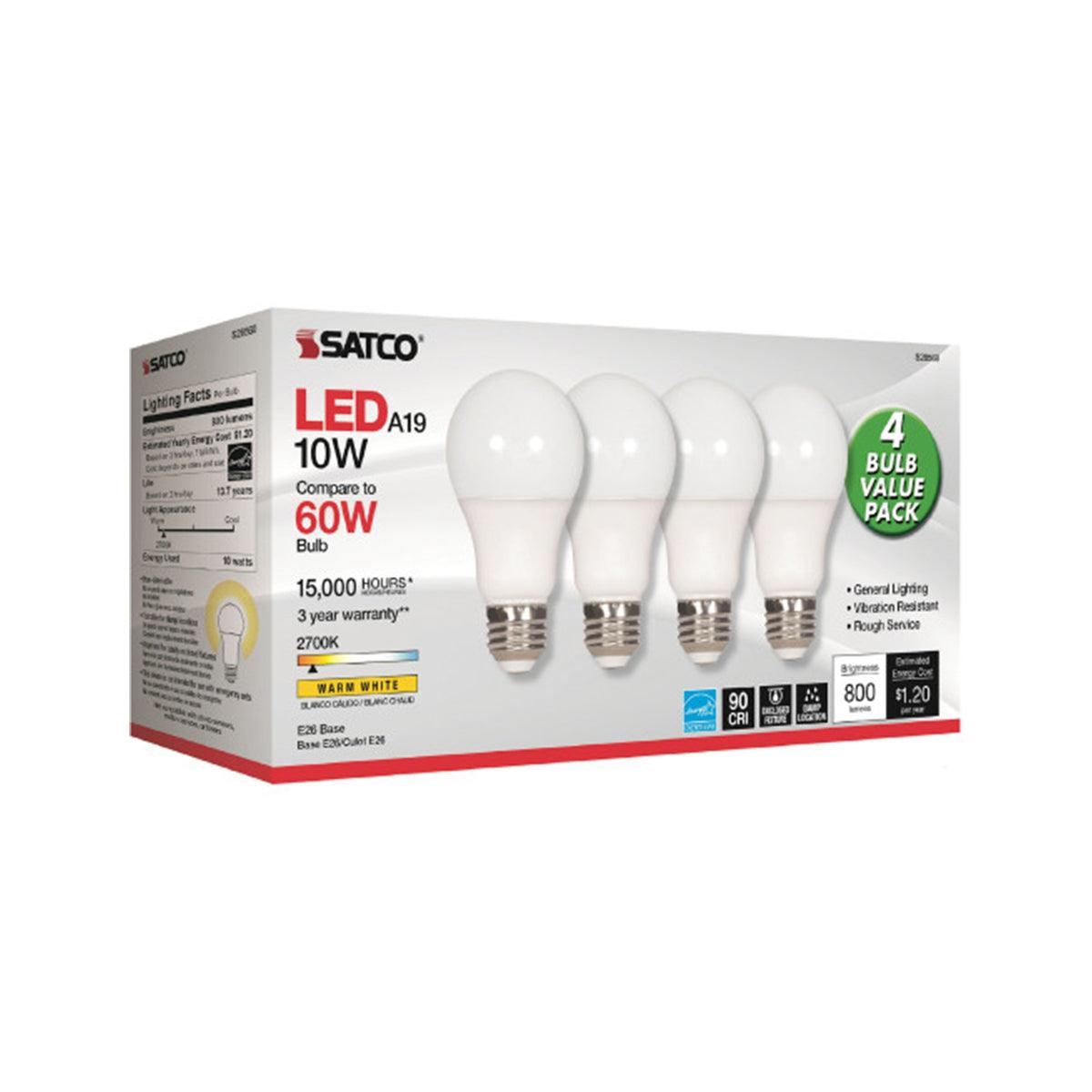 A19 LED Bulb, 10 Watt, 800 Lumens, 2700K, E26 Medium Base, Frosted Finish, Pack Of 4