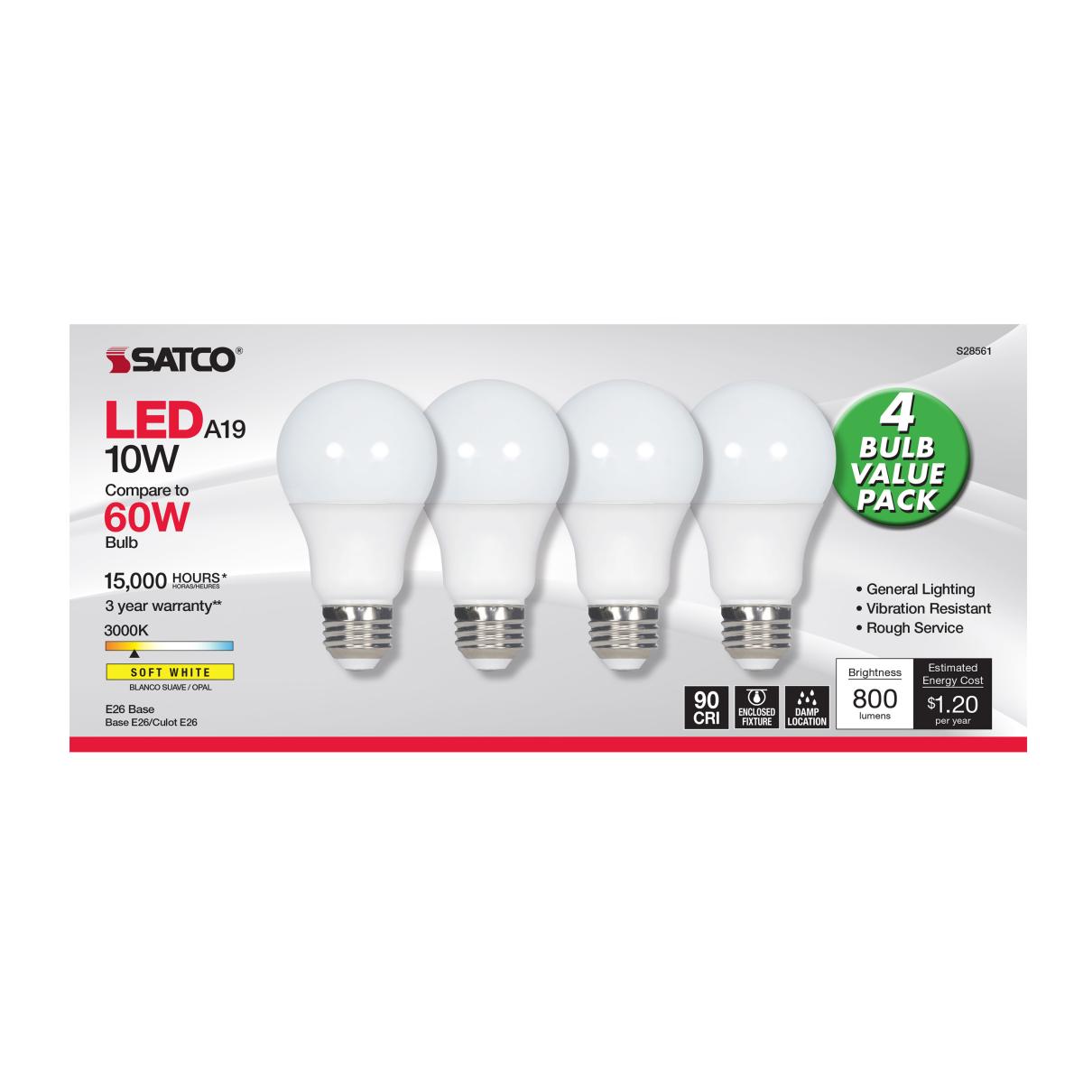 A19 LED Bulb, 60W Equivalent, 10 Watts, 800 Lumens, 3000K, E26 Medium Base, Frosted, Pack of 4 - Bees Lighting