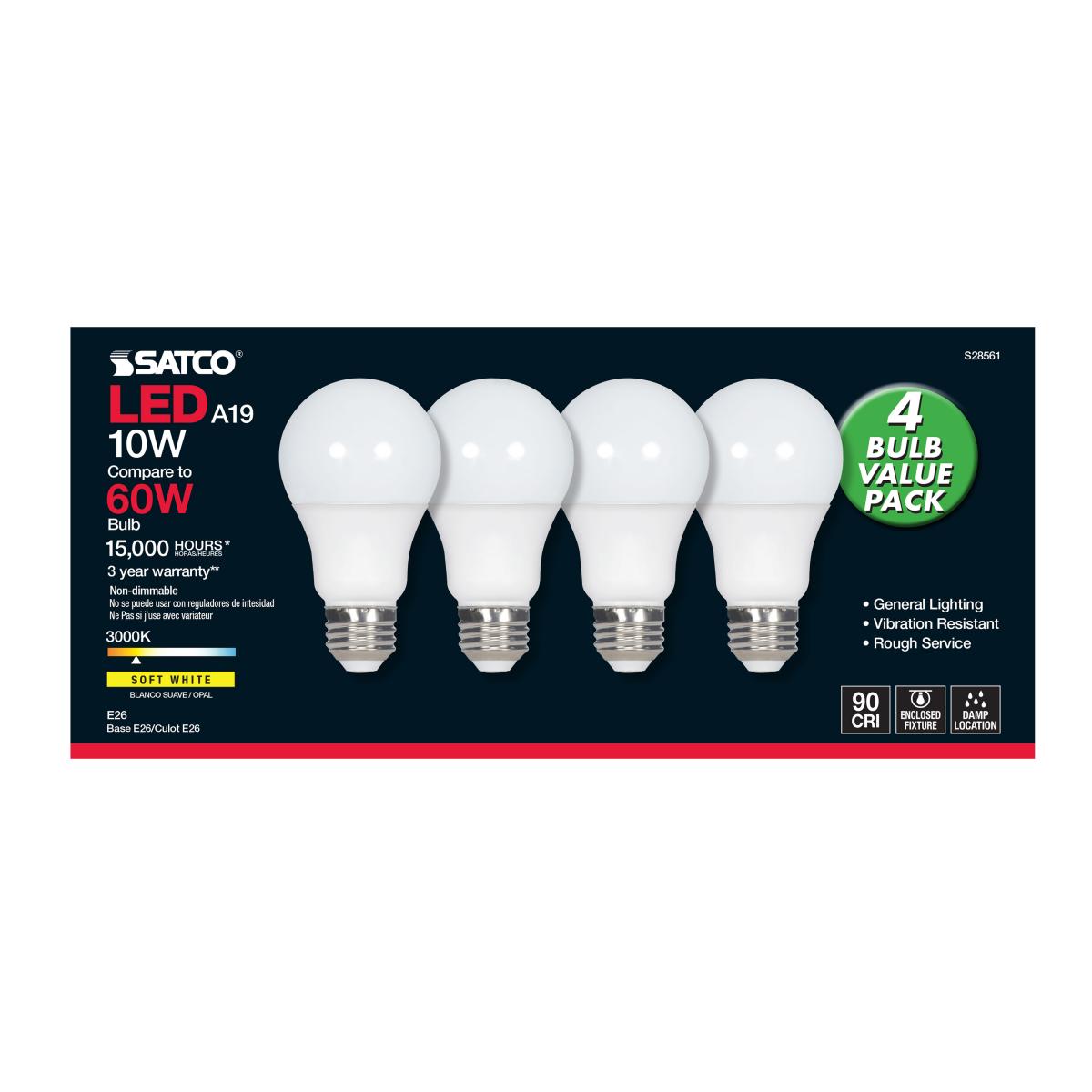 A19 LED Bulb, 60W Equivalent, 10 Watts, 800 Lumens, 3000K, E26 Medium Base, Frosted, Pack of 4 - Bees Lighting