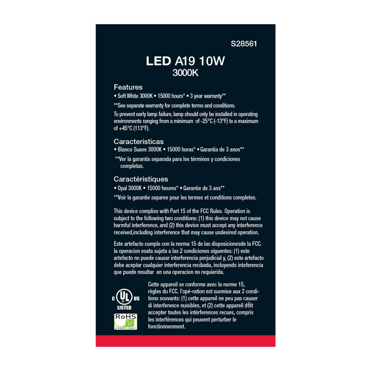 A19 LED Bulb, 60W Equivalent, 10 Watts, 800 Lumens, 3000K, E26 Medium Base, Frosted, Pack of 4 - Bees Lighting
