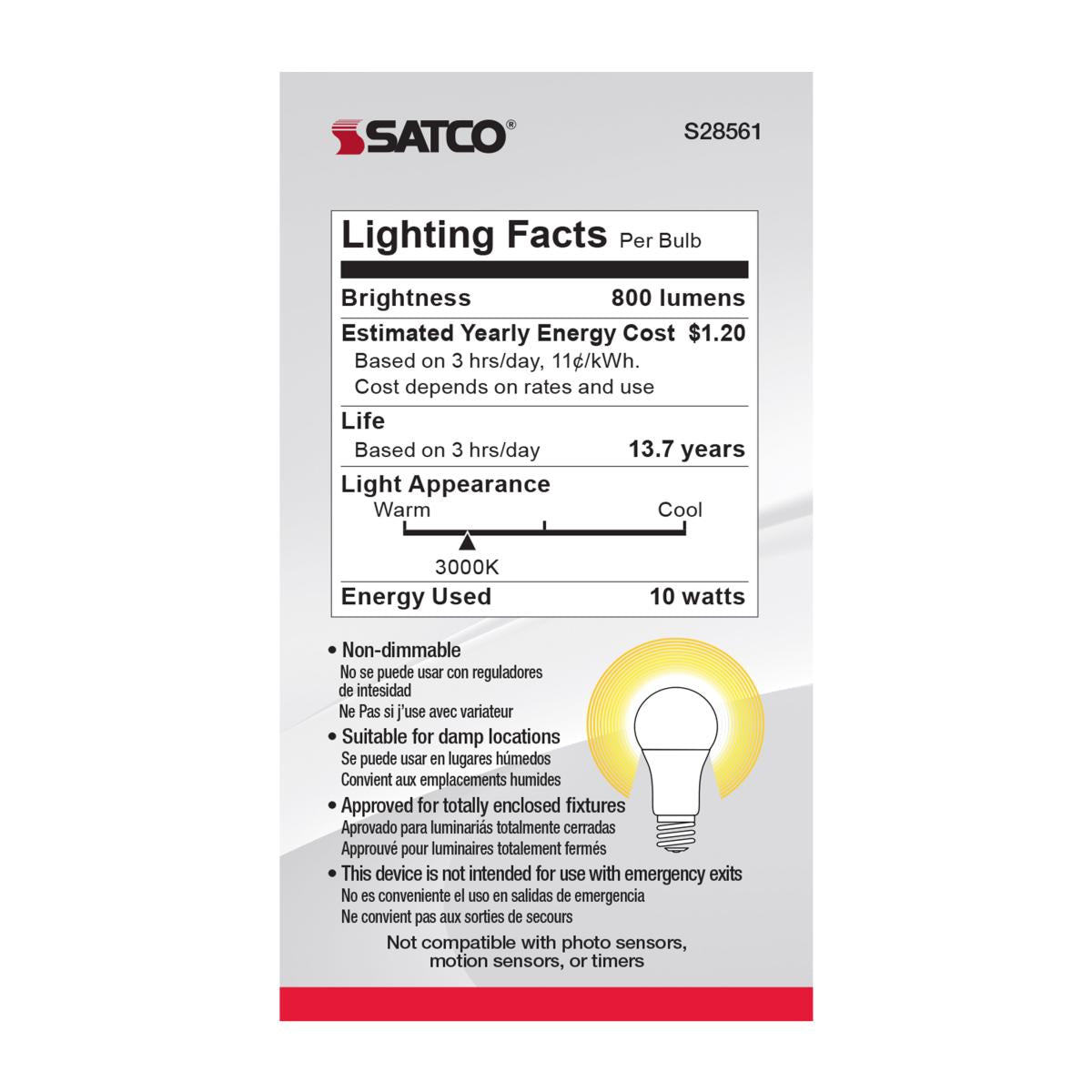 A19 LED Bulb, 60W Equivalent, 10 Watts, 800 Lumens, 3000K, E26 Medium Base, Frosted, Pack of 4 - Bees Lighting