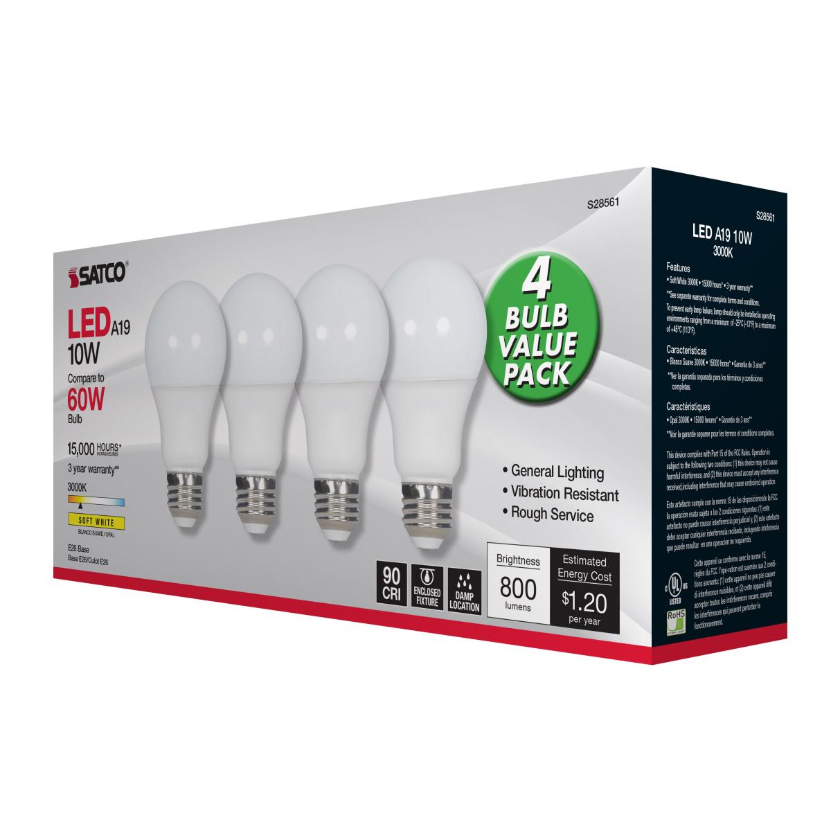 A19 LED Bulb, 60W Equivalent, 10 Watts, 800 Lumens, 3000K, E26 Medium Base, Frosted, Pack of 4 - Bees Lighting