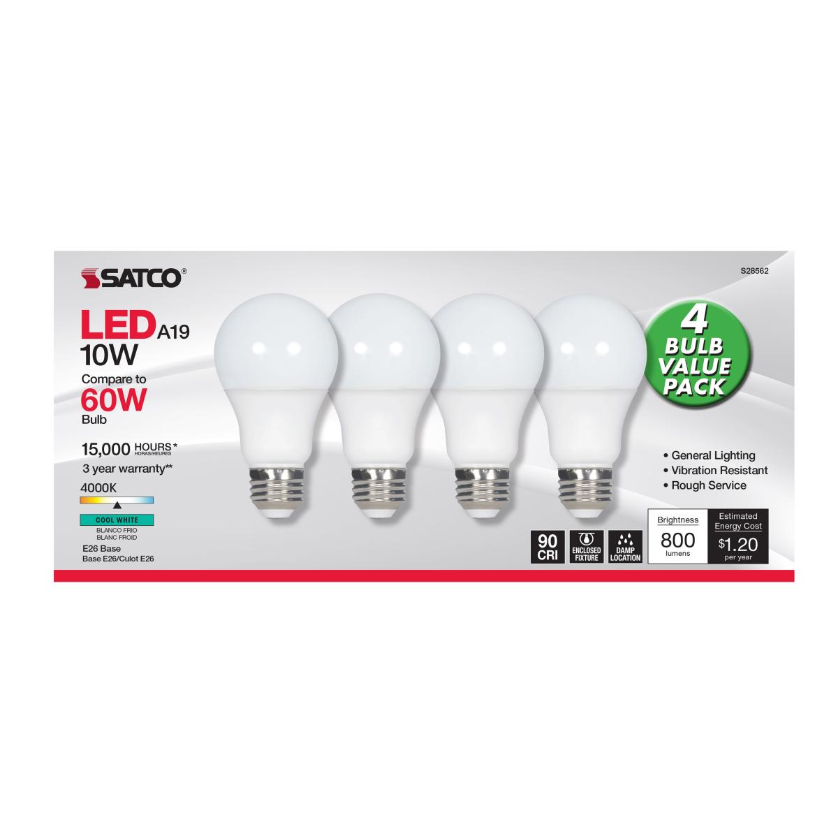 A19 LED Bulb, 60W Equivalent, 10 Watts, 800 Lumens, 4000K, E26 Medium Base, Frosted, Pack of 4 - Bees Lighting