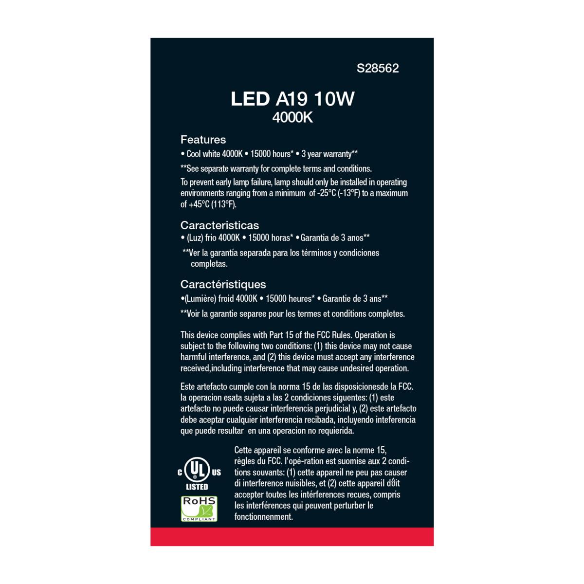 A19 LED Bulb, 60W Equivalent, 10 Watts, 800 Lumens, 4000K, E26 Medium Base, Frosted, Pack of 4 - Bees Lighting