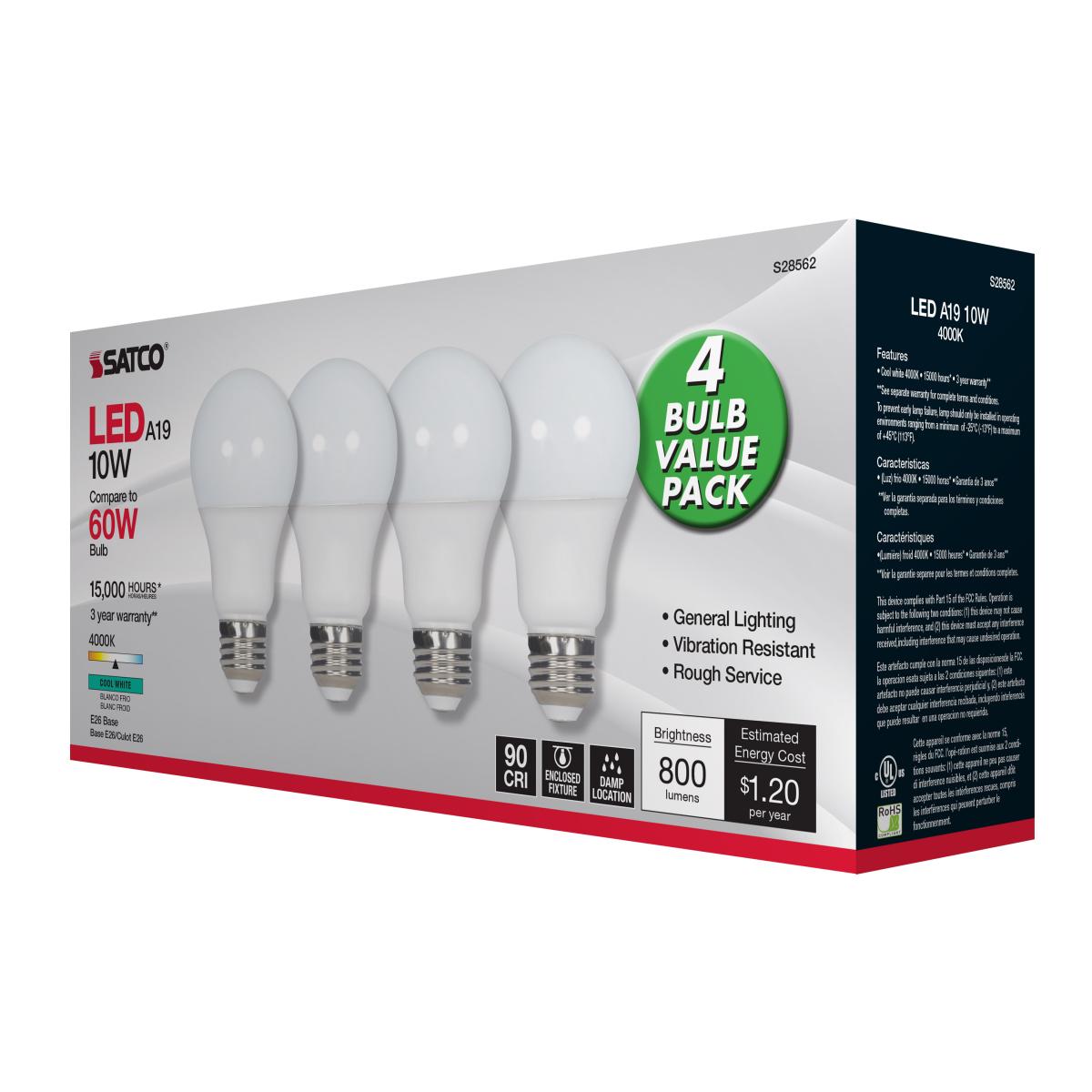 A19 LED Bulb, 60W Equivalent, 10 Watts, 800 Lumens, 4000K, E26 Medium Base, Frosted, Pack of 4 - Bees Lighting