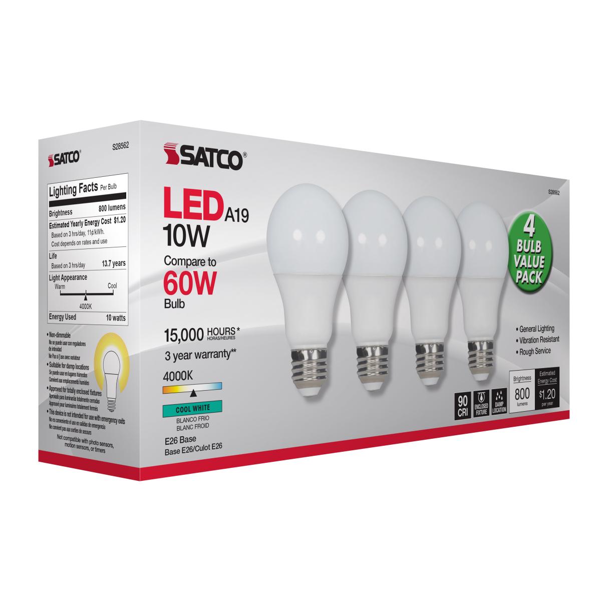 A19 LED Bulb, 60W Equivalent, 10 Watts, 800 Lumens, 4000K, E26 Medium Base, Frosted, Pack of 4 - Bees Lighting