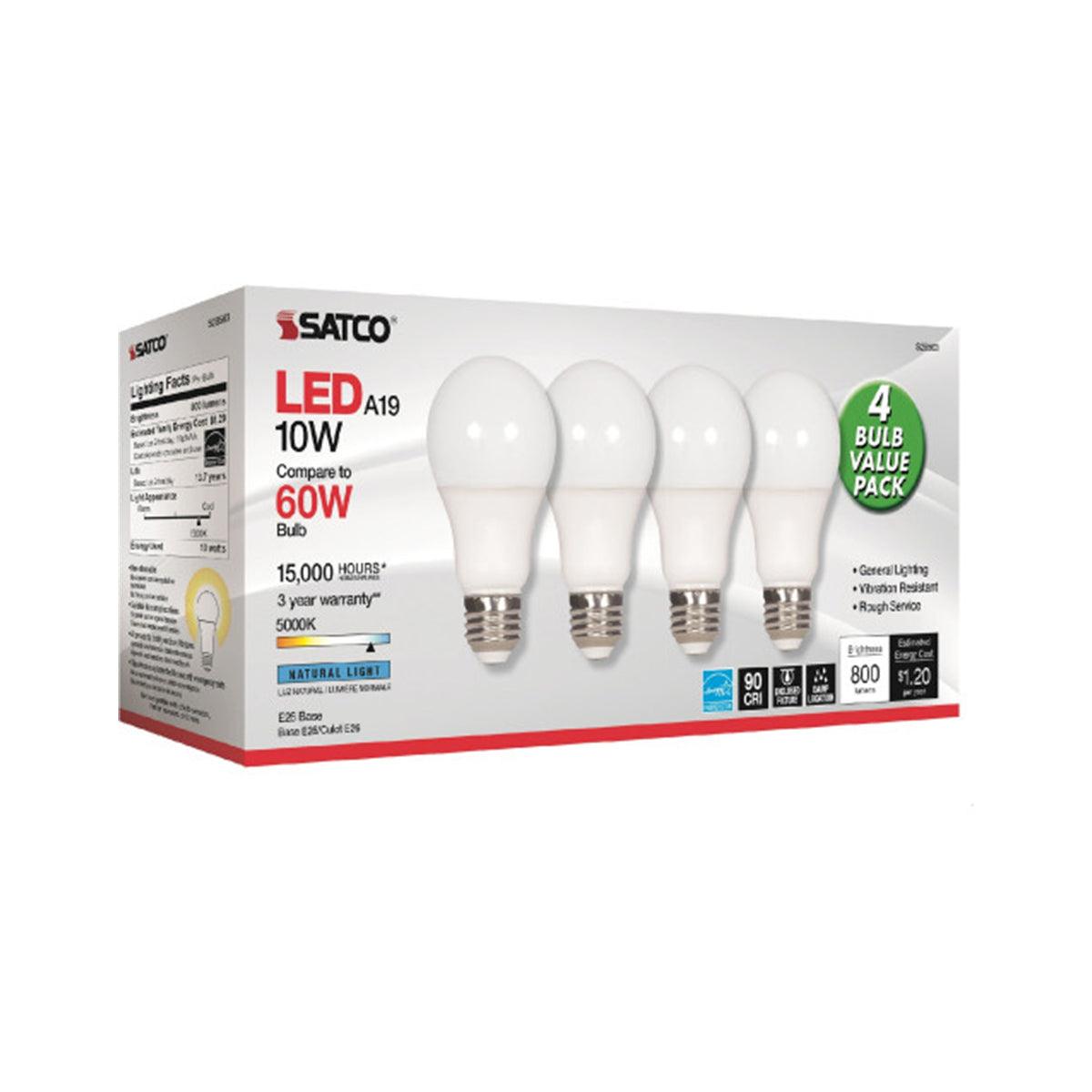 A19 LED Bulb, 100W Equivalent, 10 Watt, 800 Lumens, 5000K, E26 Medium Base, Frosted Finish, Pack Of 4