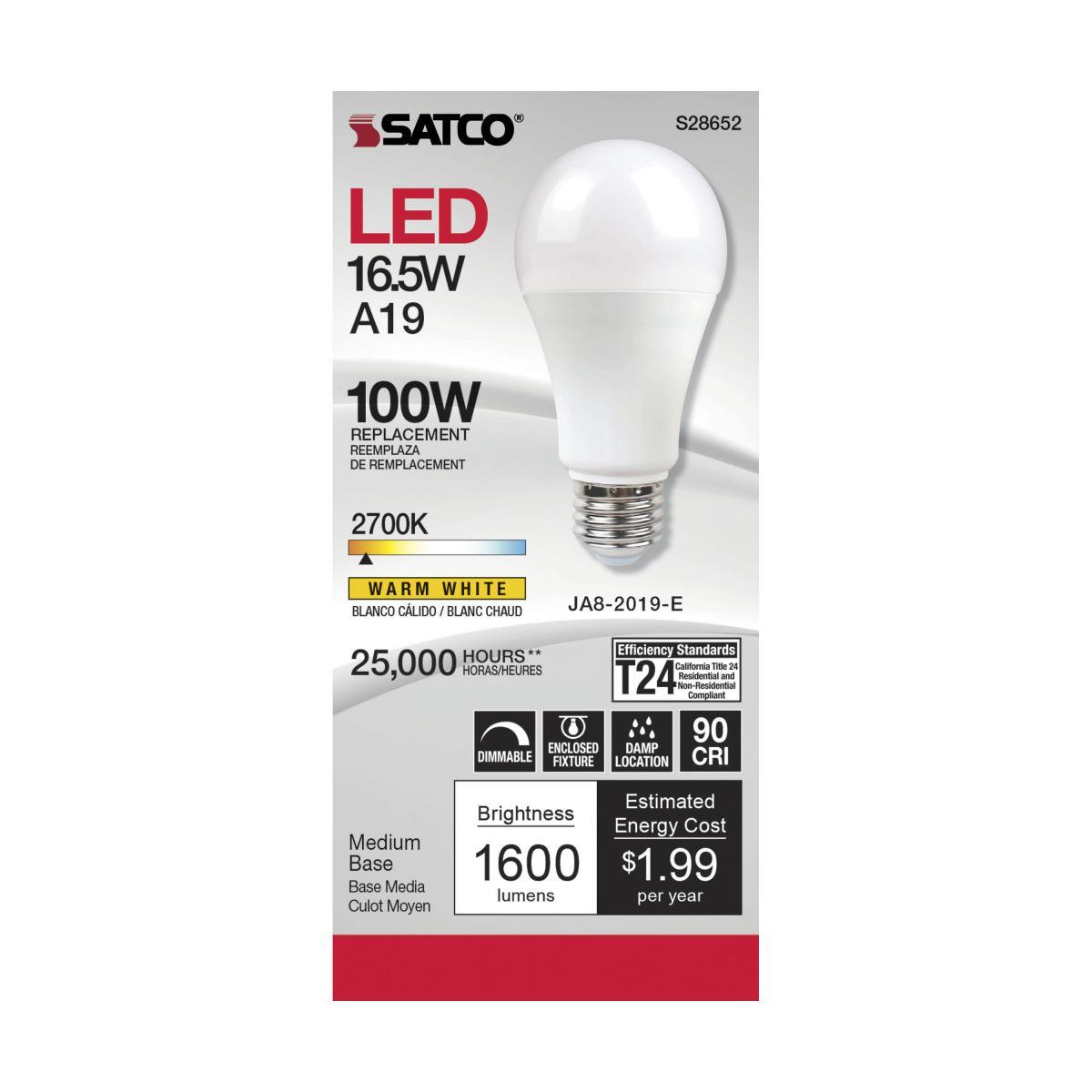 A19 LED Bulb, 100W Equivalent, 17 Watt, 1600 Lumens, 2700K, E26 Medium Base, Frosted Finish