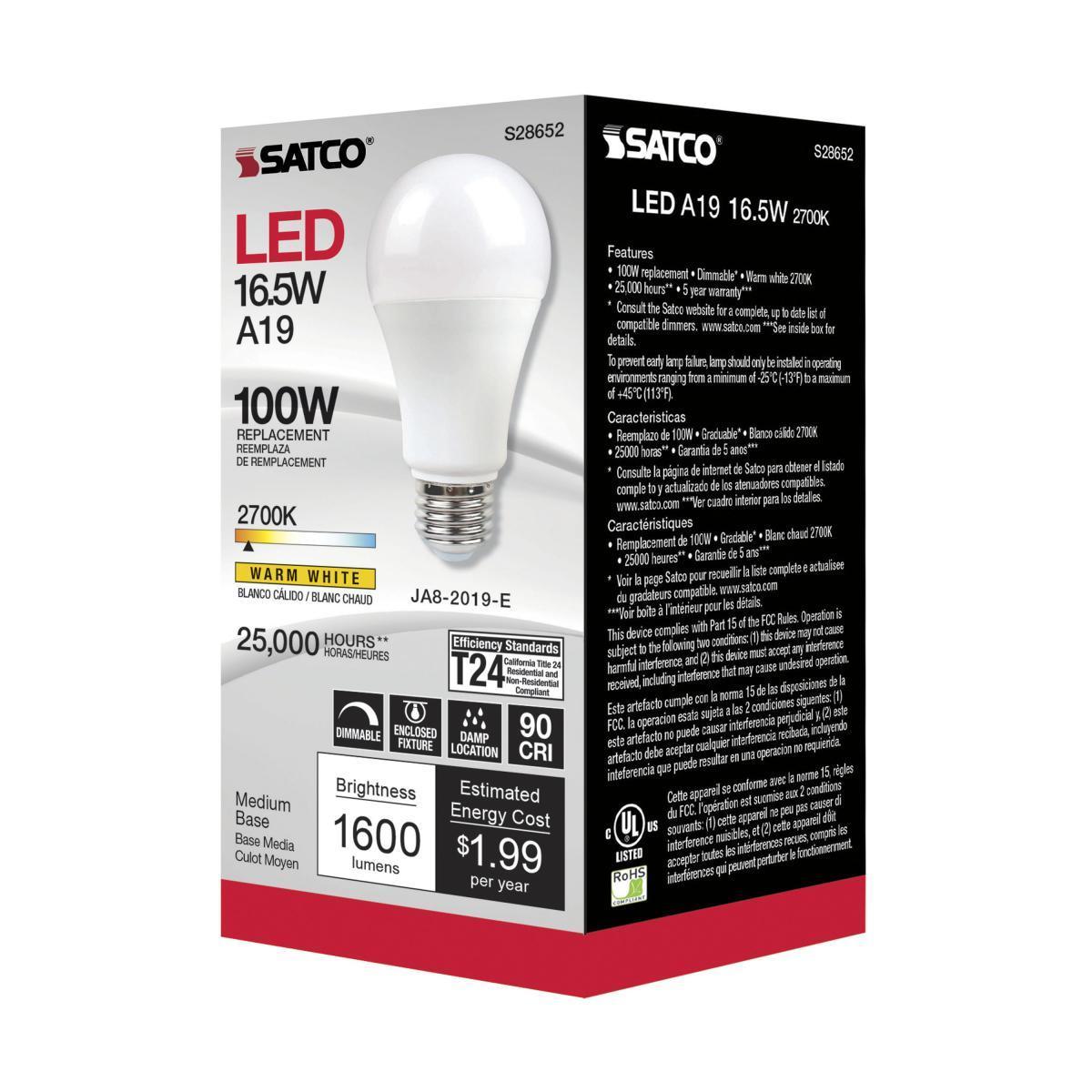 A19 LED Bulb, 100W Equivalent, 17 Watt, 1600 Lumens, 2700K, E26 Medium Base, Frosted Finish - Bees Lighting