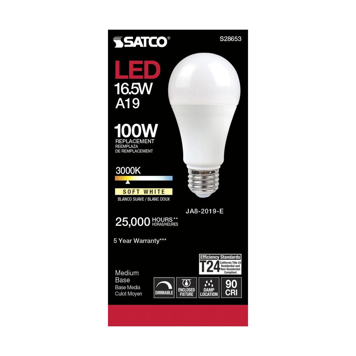 A19 LED Bulb, 100W Equivalent, 17 Watt, 1600 Lumens, 3000K, E26 Medium Base, Frosted Finish