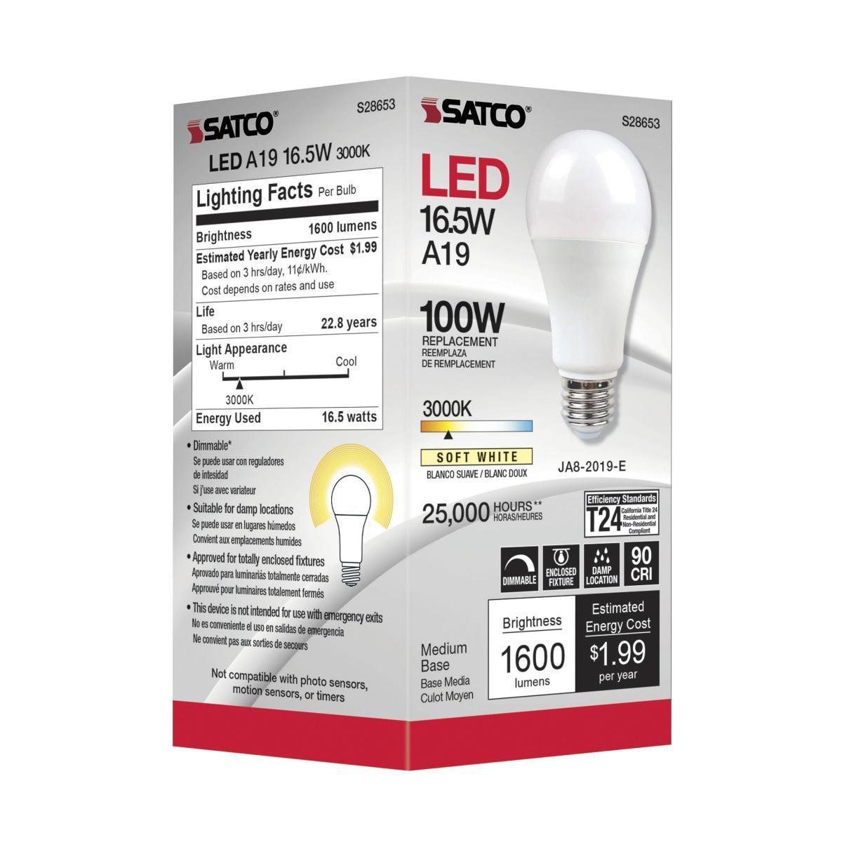 A19 LED Bulb, 100W Equivalent, 17 Watt, 1600 Lumens, 3000K, E26 Medium Base, Frosted Finish