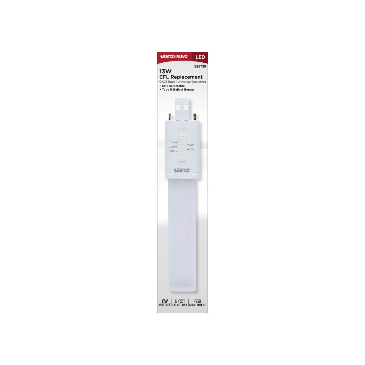 2 pin PL LED Bulb, 6W, 650 Lumens, Ballast Bypass, 27K|30K|35K|40K|50K, GX23 Base