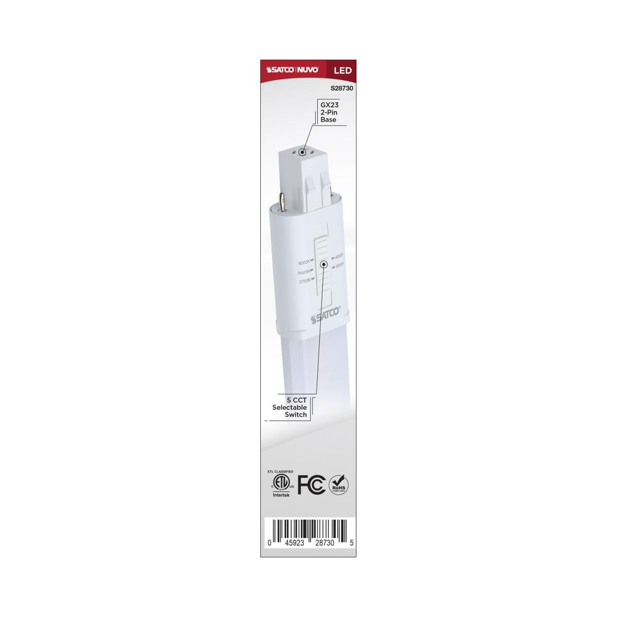 2 pin PL LED Bulb, 6W, 650 Lumens, Ballast Bypass, 27K|30K|35K|40K|50K, GX23 Base