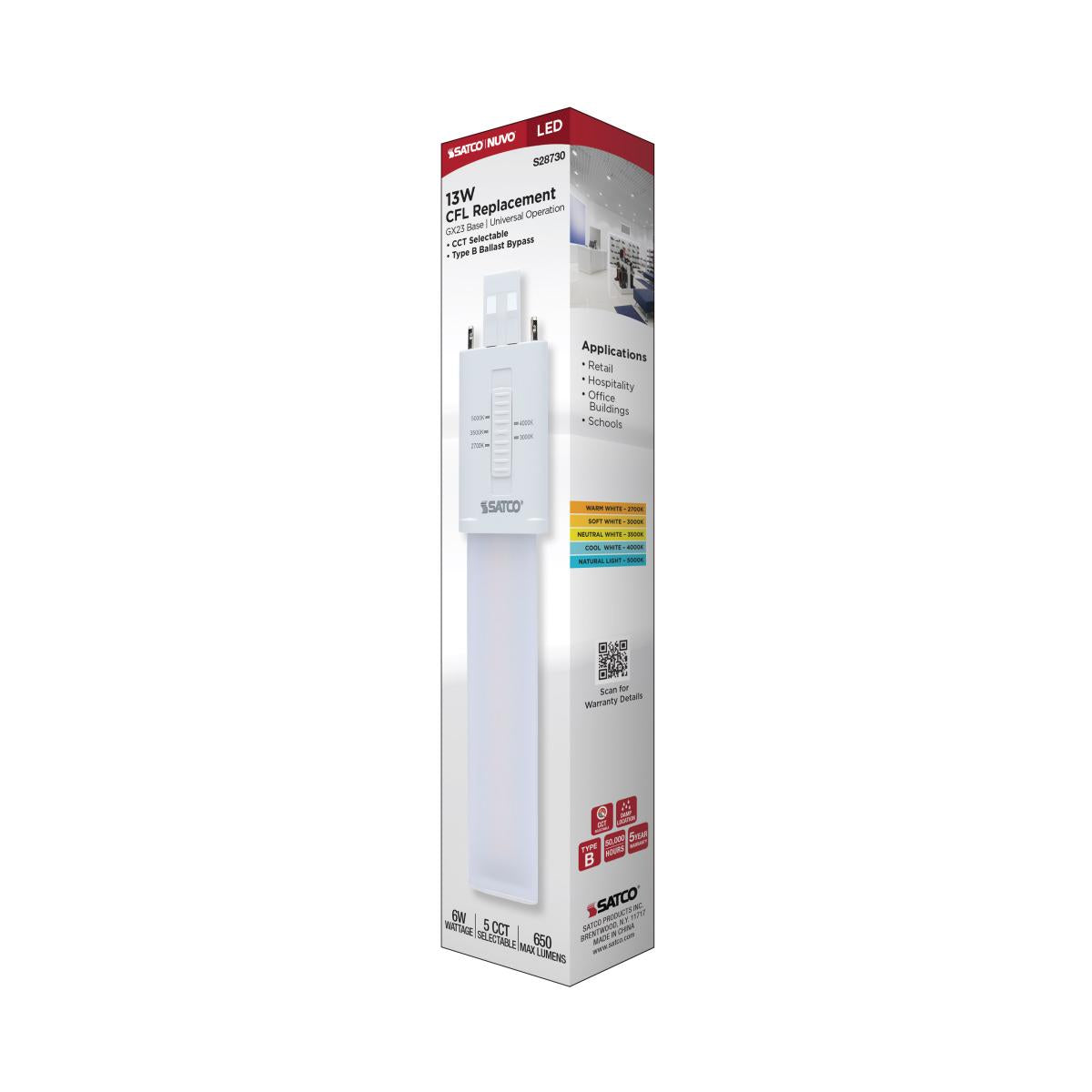 2 pin PL LED Bulb, 6W, 650 Lumens, Ballast Bypass, 27K|30K|35K|40K|50K, GX23 Base