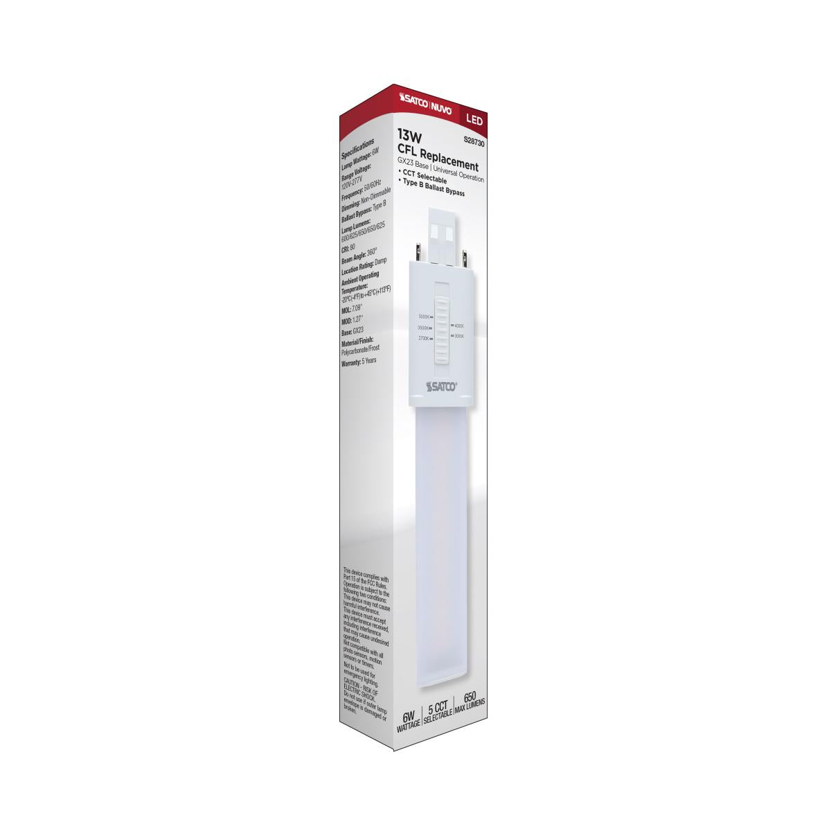 2 pin PL LED Bulb, 6W, 650 Lumens, Ballast Bypass, 27K|30K|35K|40K|50K, GX23 Base