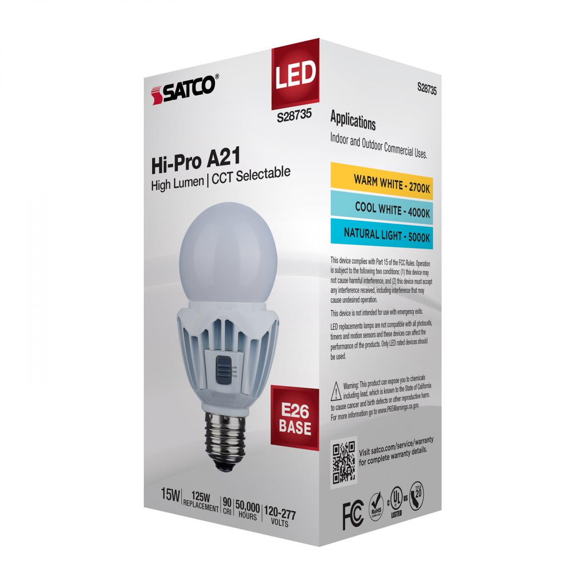 Hi-Pro A21 LED Bulb, 15 Watts, 2000 Lumens, 27K|40K|50K, 125W Equal, E26 Base, 120-277V