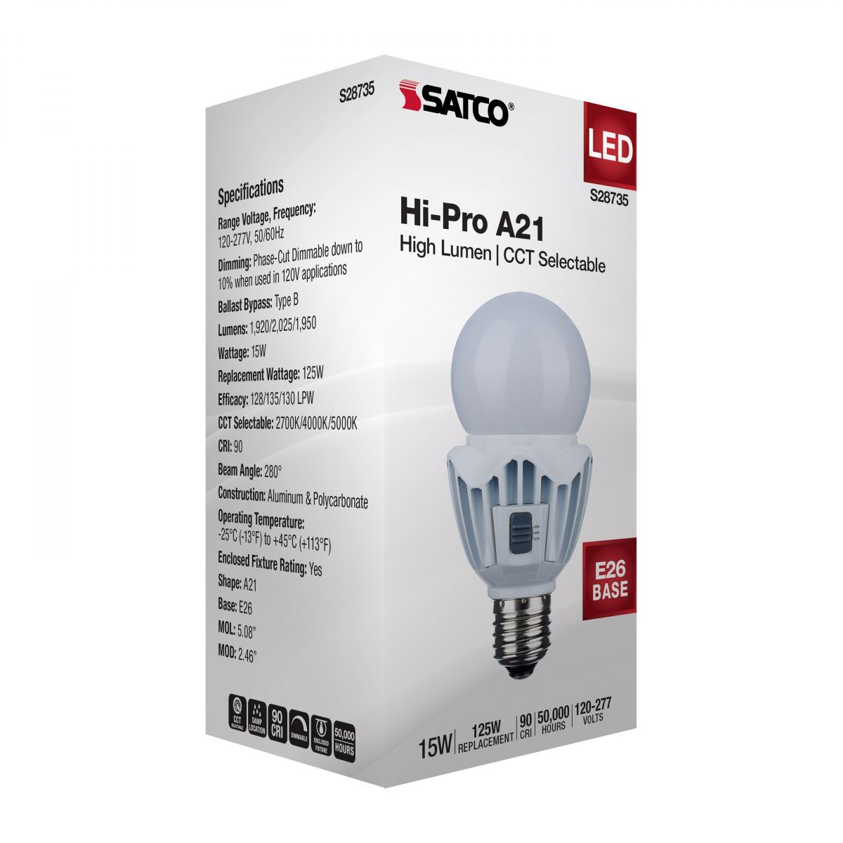Hi-Pro A21 LED Bulb, 15 Watts, 2000 Lumens, 27K|40K|50K, 125W Equal, E26 Base, 120-277V