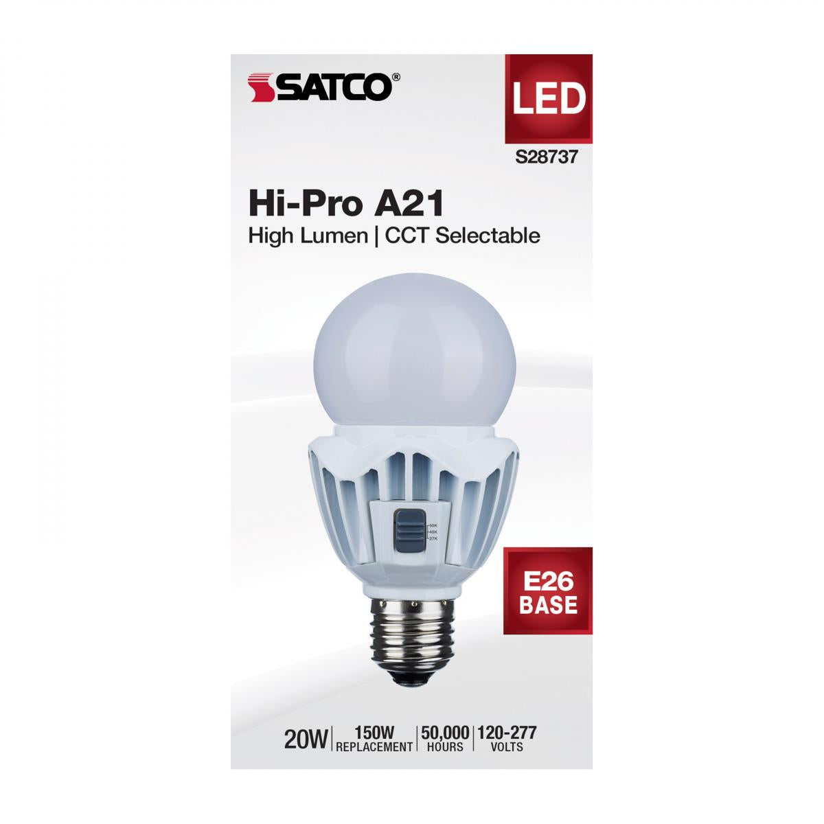 Hi-Pro A21 LED Bulb, 150W HID, 20 Watt, 3020 Lumens, Selectable CCT 27K/40K/50K, E26 Medium Base, Frosted Finish