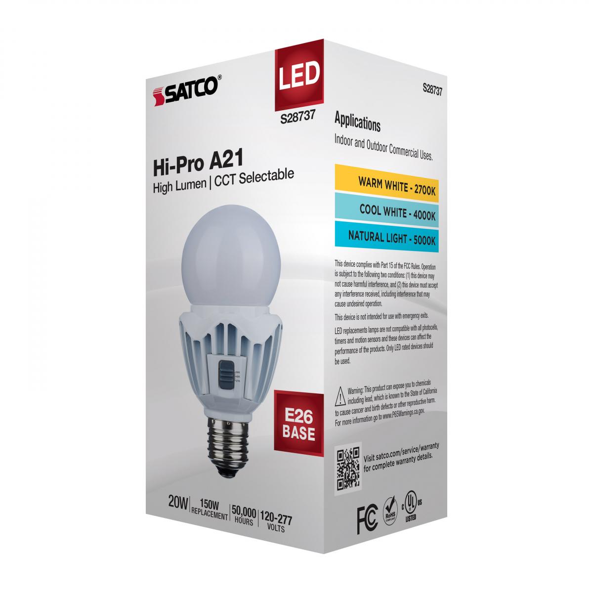 Hi-Pro A21 LED Bulb, 20 Watts, 3000 Lumens, 27K|40K|50K, 150W Equal, E26 Base, 120-277V - Bees Lighting