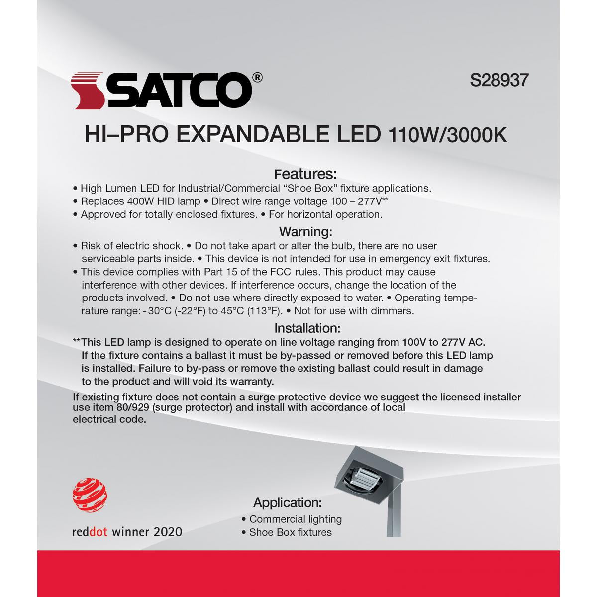 Hi-Pro LED Expandable Shoe Box Lamp, 110W, 14300 Lumens, 3000K, EX39 Mogul Base, 120-277V - Bees Lighting