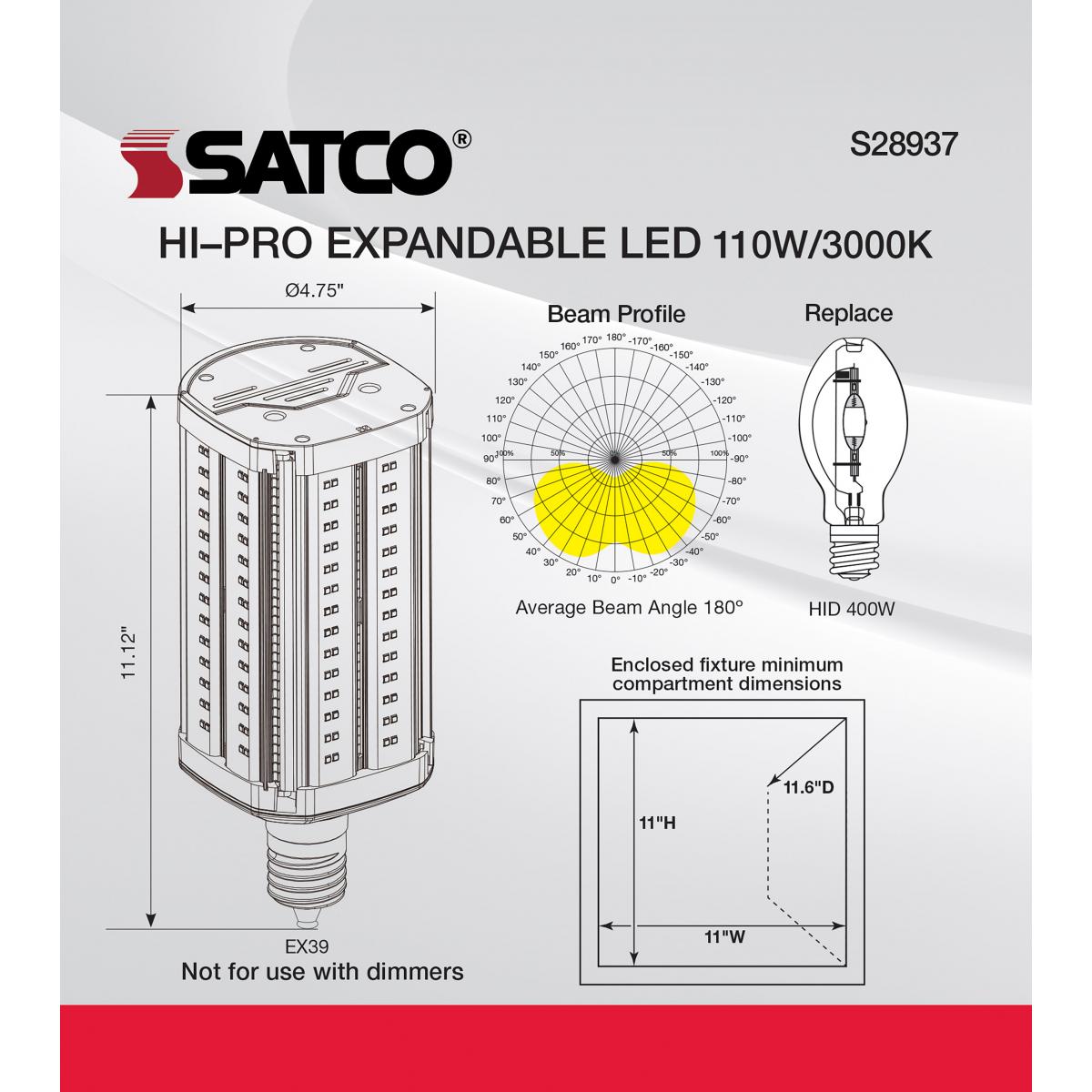 Hi-Pro LED Expandable Shoe Box Lamp, 110W, 14300 Lumens, 3000K, EX39 Mogul Base, 120-277V - Bees Lighting