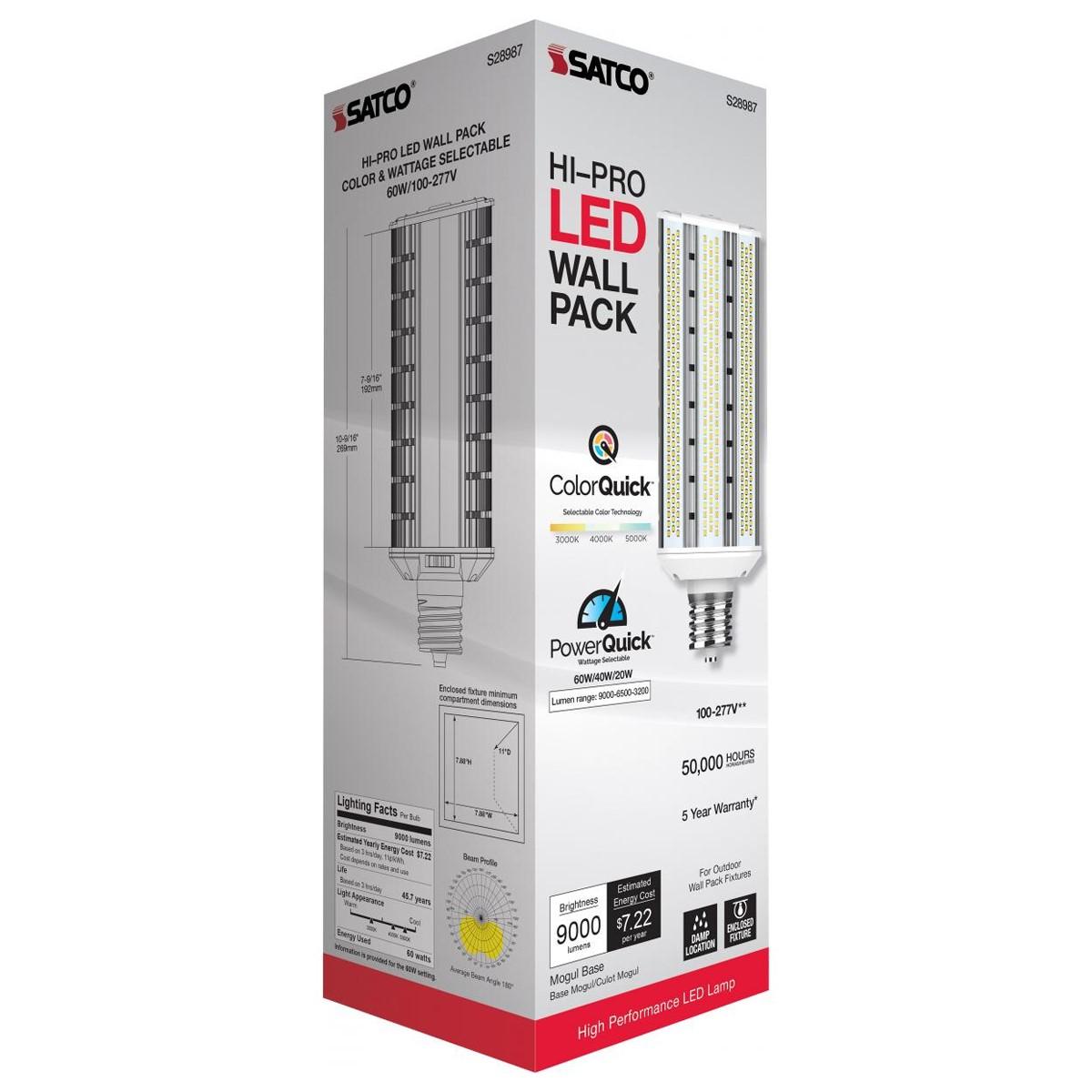 Wall Pack/Shoebox LED Retrofit Lamp, 60W, 9000 Lumens, Selectable CCT, 30K/40K/50K, EX39 Mogul Extended Base, 120-277V