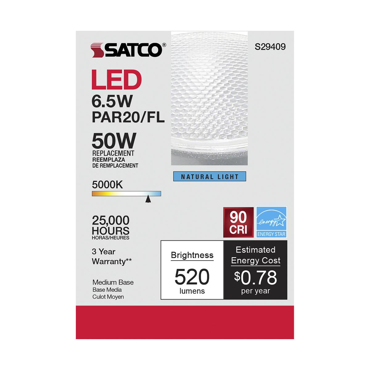 PAR20 LED Bulb, 6 Watts, 520 Lumens, 50W Equal, 5000K, E26 Medium Base, 40° Flood - Bees Lighting