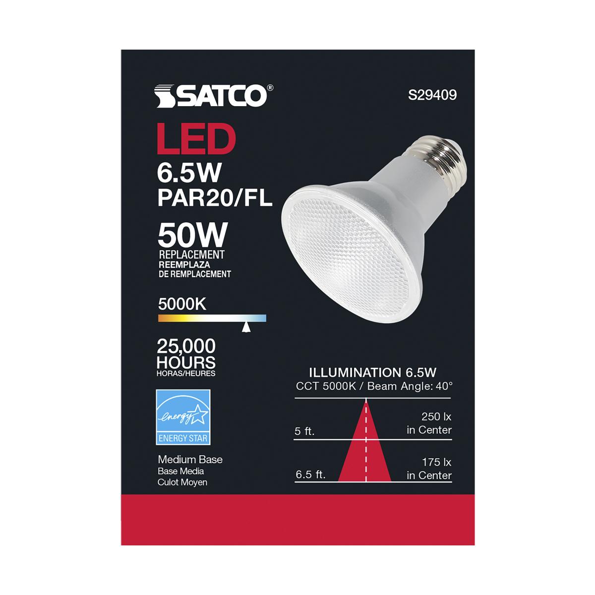 PAR20 LED Bulb, 6 Watts, 520 Lumens, 50W Equal, 5000K, E26 Medium Base, 40° Flood - Bees Lighting
