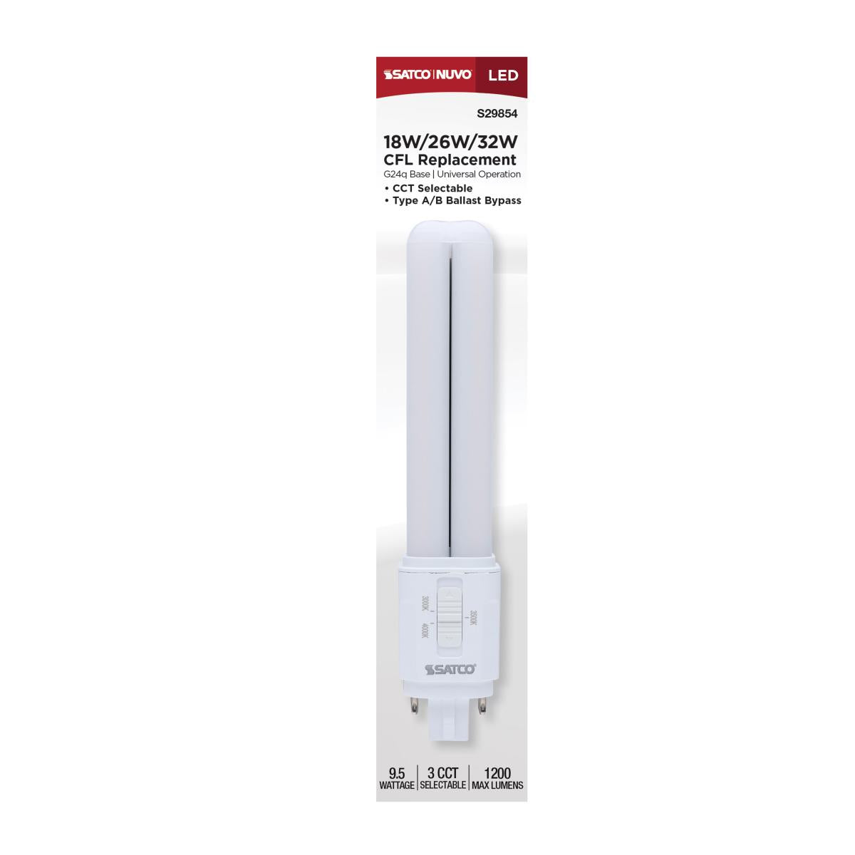 4 pin PL LED Lamp, 9.5W, 1200 Lumens, Direct or Bypass, 30K|35K|40K, G24q Base - Bees Lighting