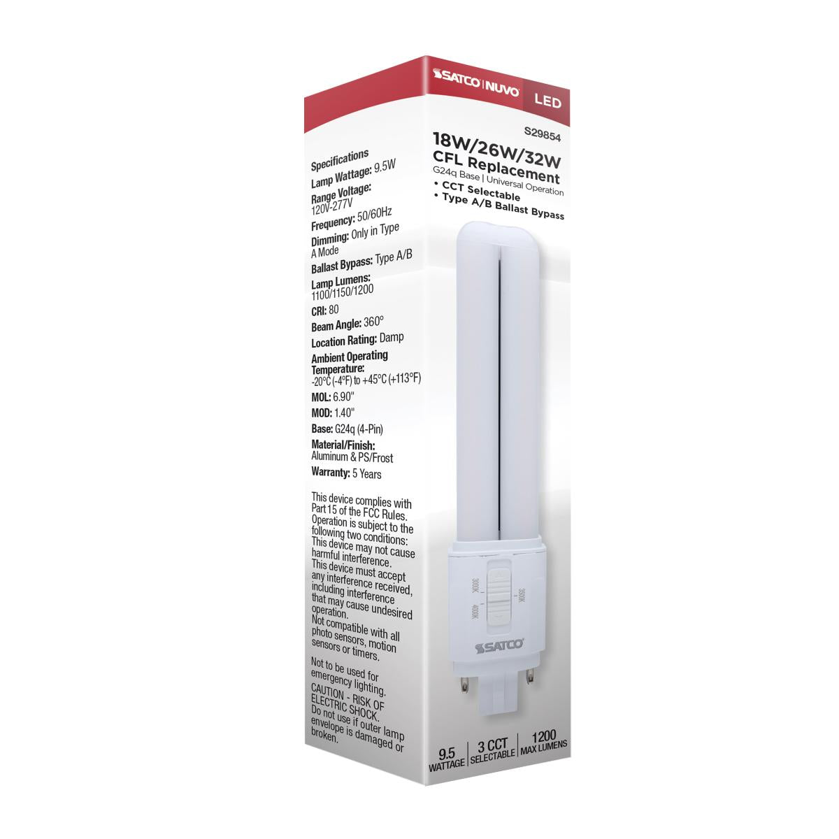 4 pin PL LED Lamp, 9.5W, 1200 Lumens, Direct or Bypass, 30K|35K|40K, G24q Base - Bees Lighting