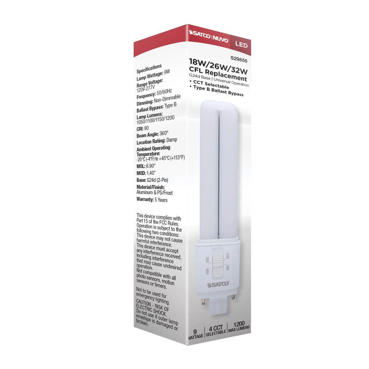 2 pin PL LED Lamp, 9W, 1200 Lumens, Ballast Bypass, 27K|30K|35K|40K, G24d Base - Bees Lighting