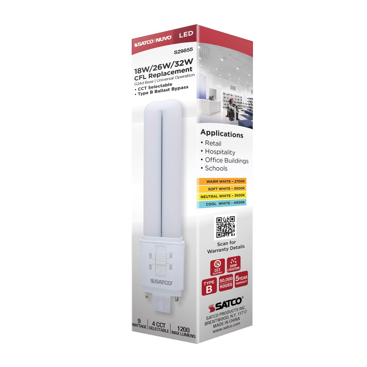 2 pin PL LED Lamp, 9W, 1200 Lumens, Ballast Bypass, 27K|30K|35K|40K, G24d Base - Bees Lighting