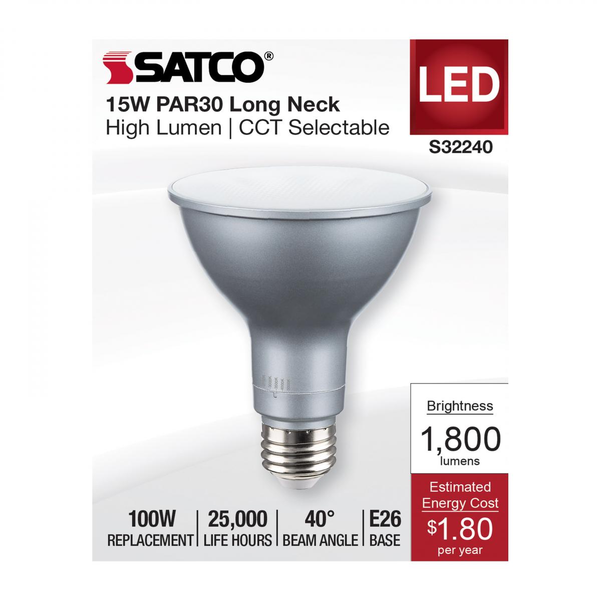 PAR30 Long Neck Reflector LED Bulb, 15 Watt, 1800 Lumens, Selectable CCT 2700K to 5000K, E26 Medium Base, 40 Deg. Flood, 120V