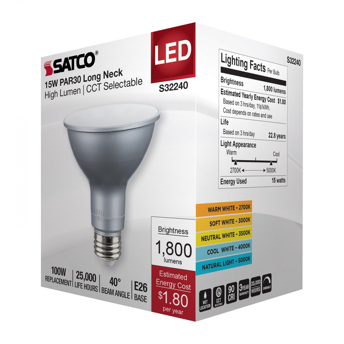 PAR30 Long Neck LED Bulb, 15W, 1800 Lumens, 27K|30K|40K|50K, E26 Base, 40° Flood, 120V - Bees Lighting