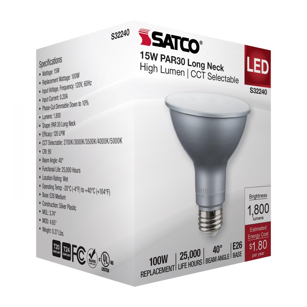 PAR30 Long Neck Reflector LED Bulb, 15 Watt, 1800 Lumens, Selectable CCT 2700K to 5000K, E26 Medium Base, 40 Deg. Flood, 120V - Bees Lighting