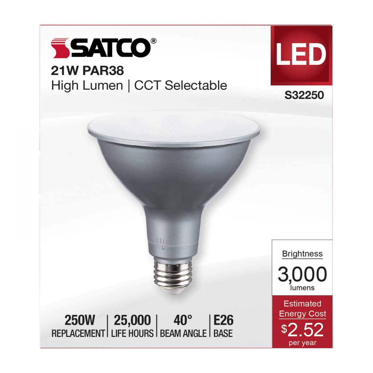 PAR38 LED Bulb, 21W, 3000 Lumens, Selectable 2700K to 5000K, E26 Base, 40° Flood, 120V - Bees Lighting