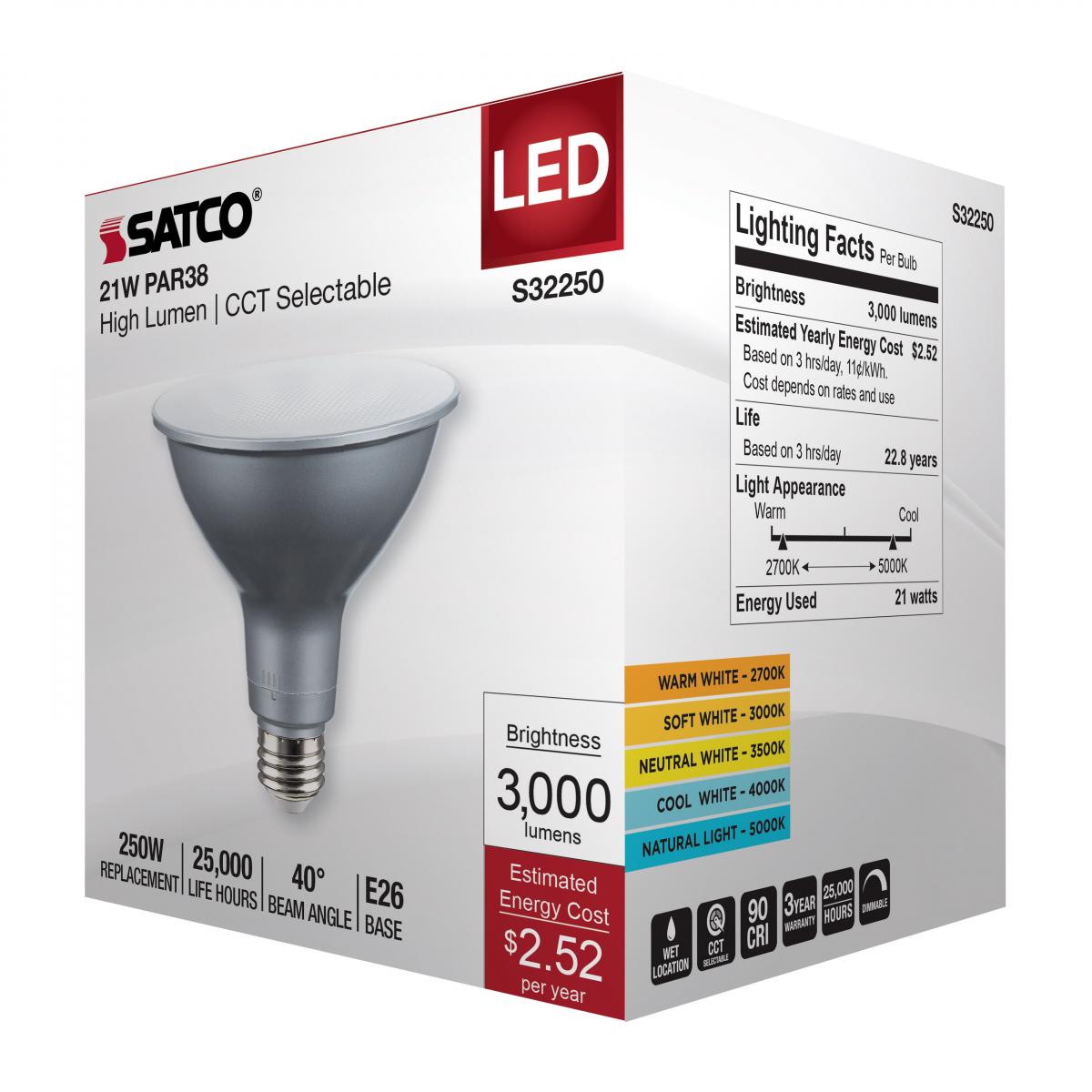 PAR38 LED Bulb, 21W, 3000 Lumens, Selectable 2700K to 5000K, E26 Base, 40° Flood, 120V - Bees Lighting