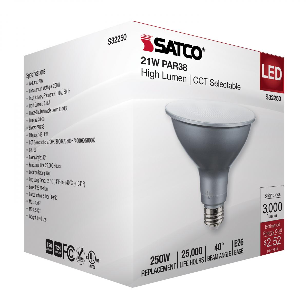PAR38 Reflector LED Bulb, 21 Watt, 3000 Lumens, Selectable CCT 2700K to 5000K, E26 Medium Base, 40 Deg. Flood, 120V